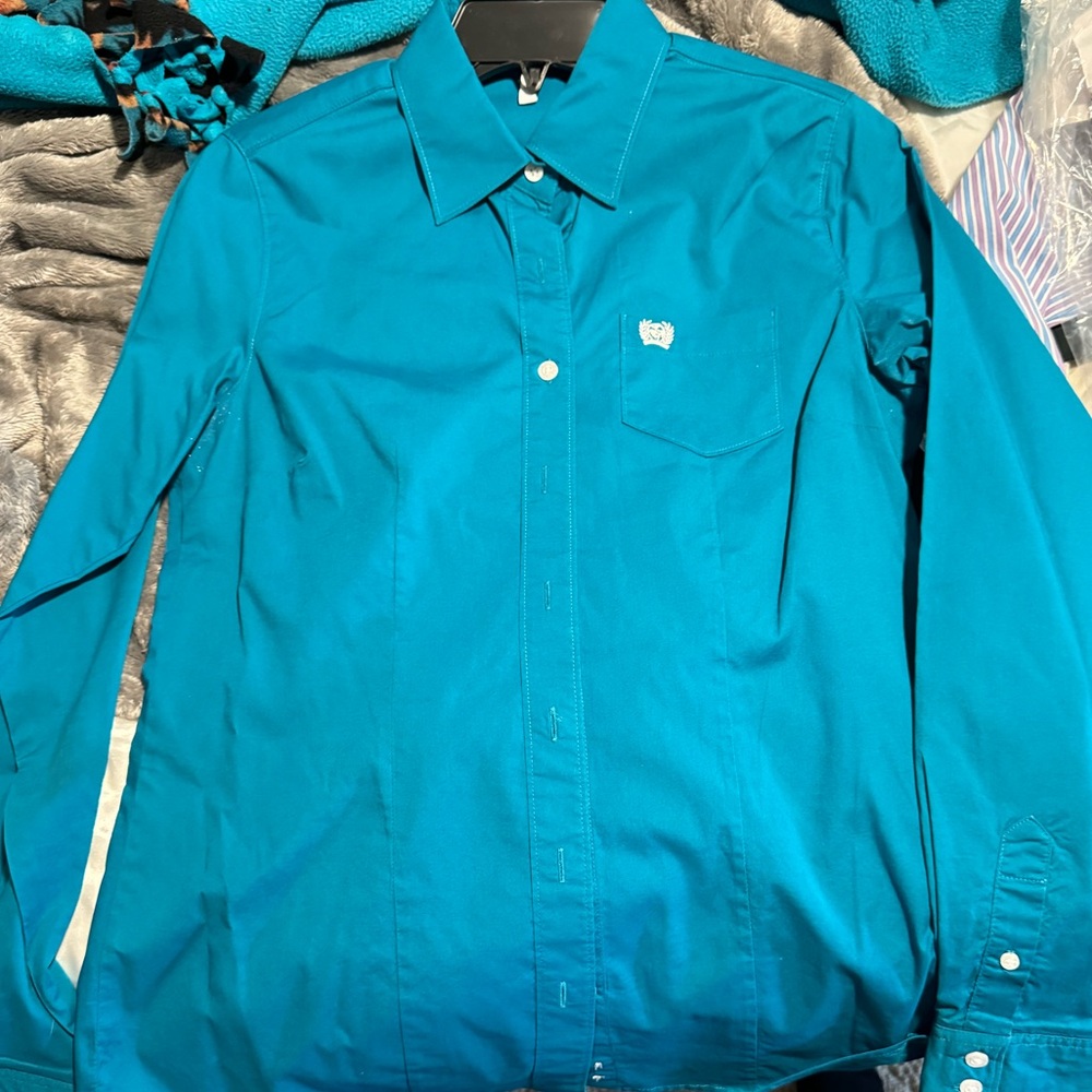 Blue cinch button up shirt